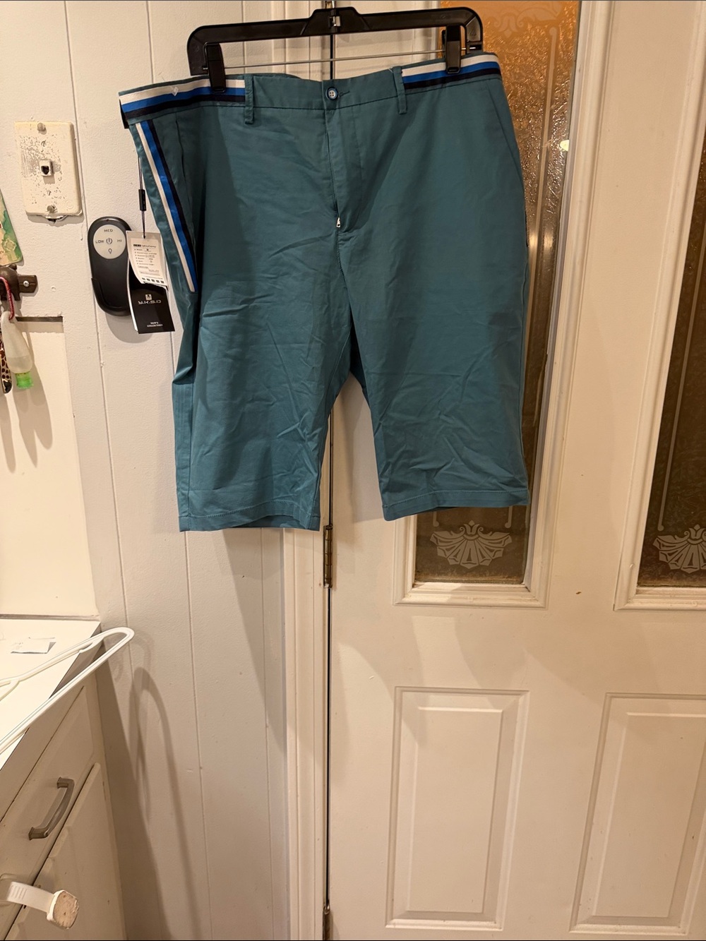Vogue Men's Teal Flat-Front Shorts with Striped Waistband